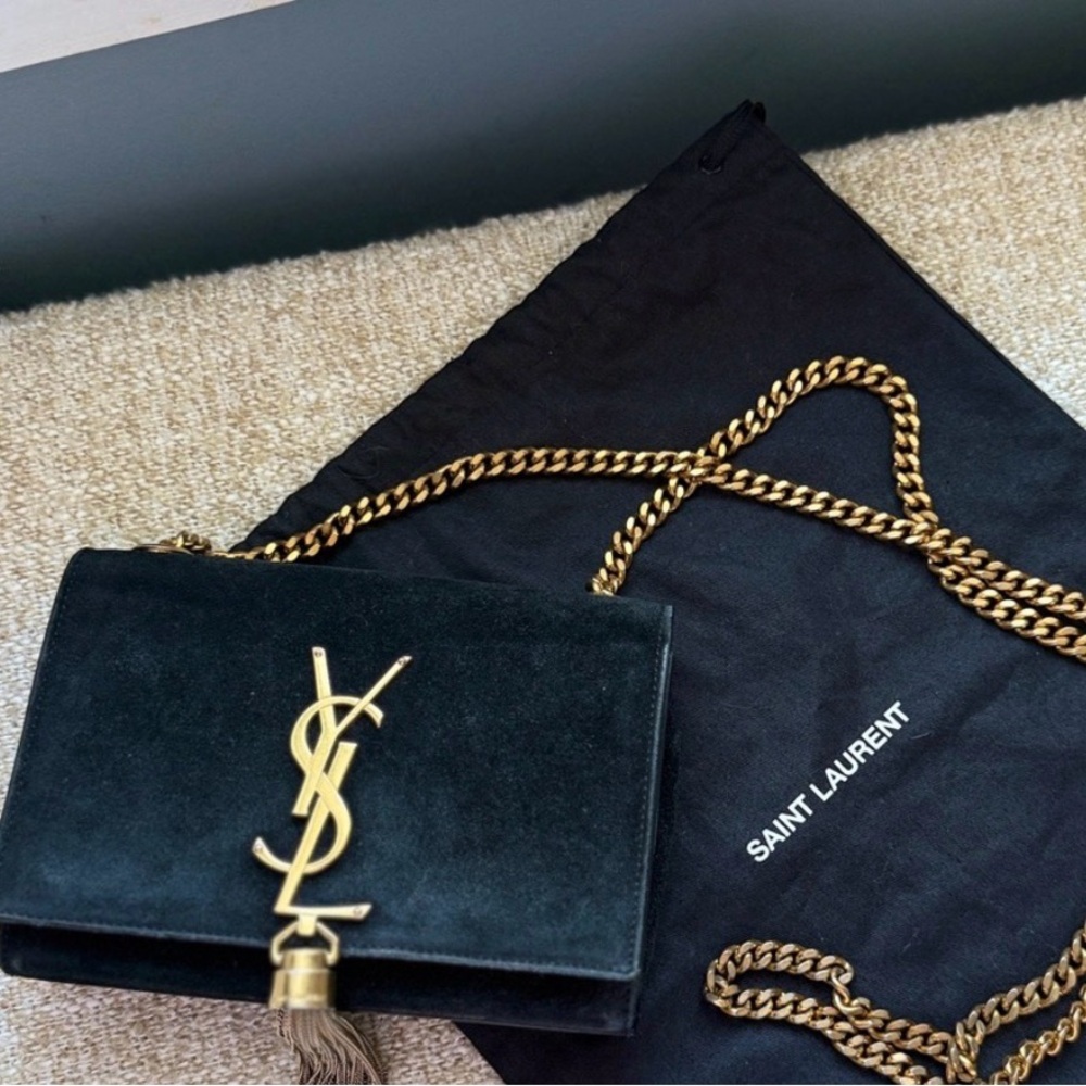 AUTH YSL SAINT LAURENT KATE SUEDE BLACK SMALL BAG GOLD CHAIN & TASSEL ✔️ RECEIPT
